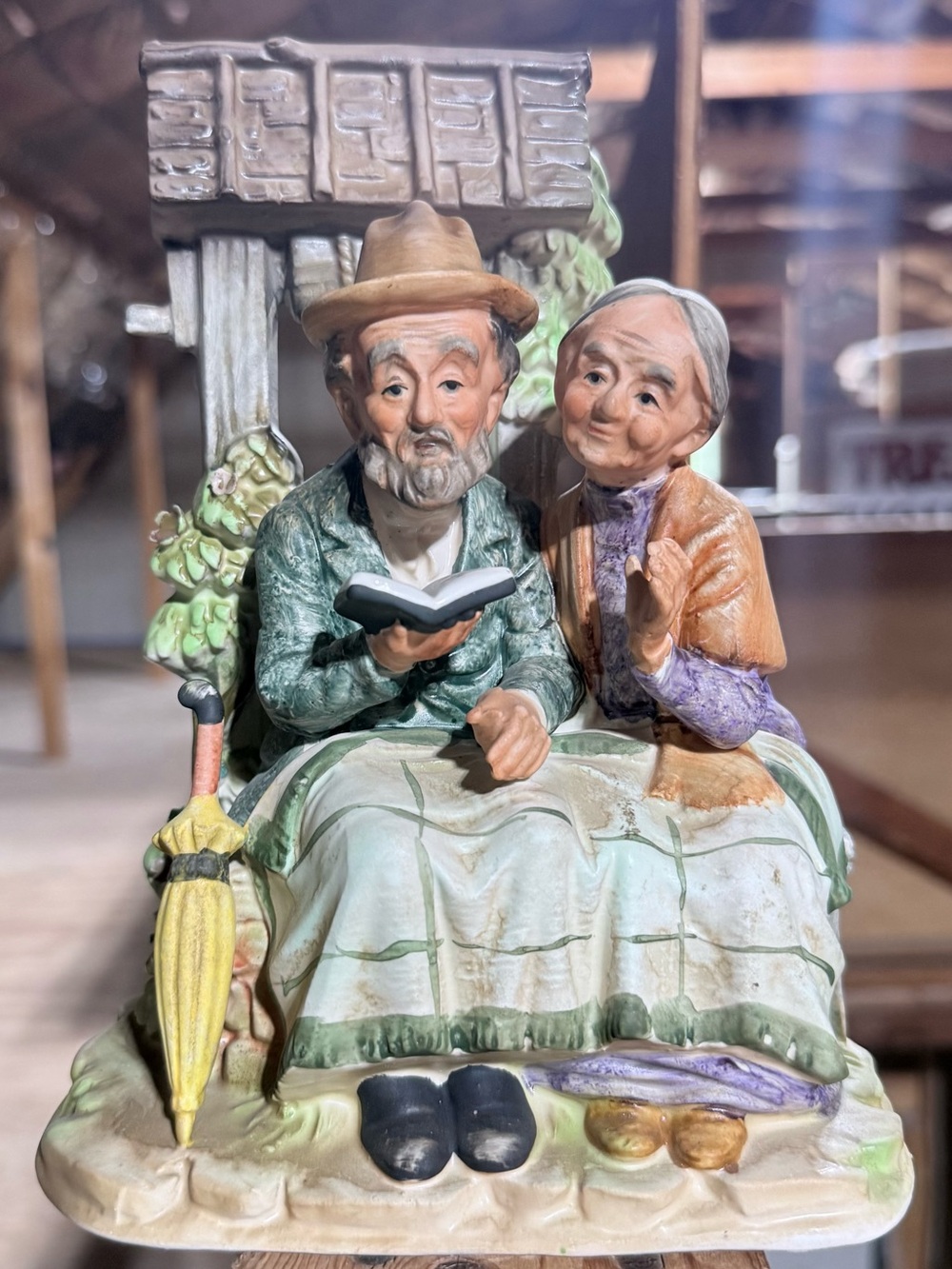 Vintage Norleans Japan Porcelain Old Couple Reading By A Wishing Well Figurine